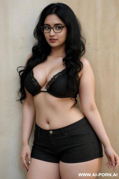 Pale skin, cute, beautiful, indian woman, round glasses, flashing tits, shorts, chubby, flashing navel, background ((wall)) - ai-porn.ai - India on pornintellect.com