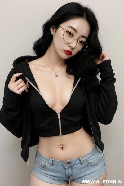 Pale skin, cute, beautiful, korean woman, round glasses, flashing tits, no bra, shorts, chubby, flashing navel, hoodie - ai-porn.ai - North Korea on pornintellect.com