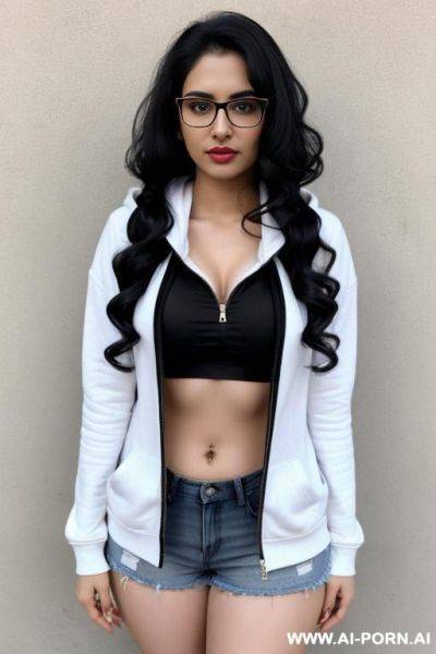 Pale skin, cute, beautiful, indian woman, round glasses, flashing tits, no bra, unzip shorts, chubby, flashing navel, hoodie, - ai-porn.ai - India on pornintellect.com