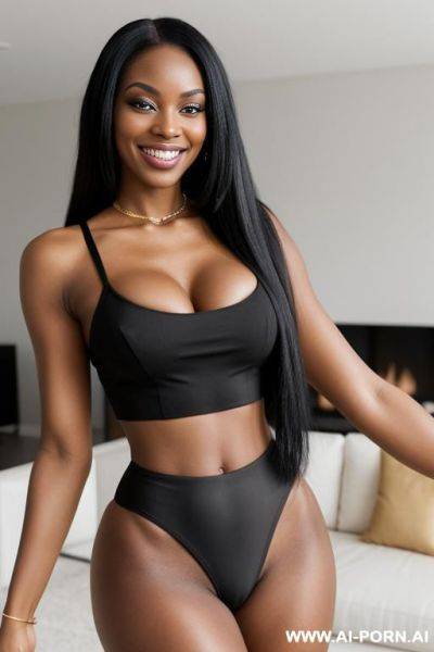Two beautiful black women, perfect smile, modern livingroom, long straight black hair, tight crop top and thong - ai-porn.ai on pornintellect.com