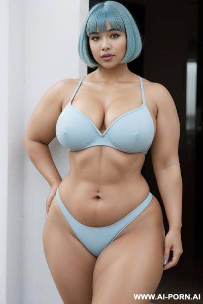 Bob with bangs haircut, light blue hair, hispanic woman, sexy, attractive, beautiful, buxom, obese, bulked up muscled thighs, full body in frame - ai-porn.ai on pornintellect.com