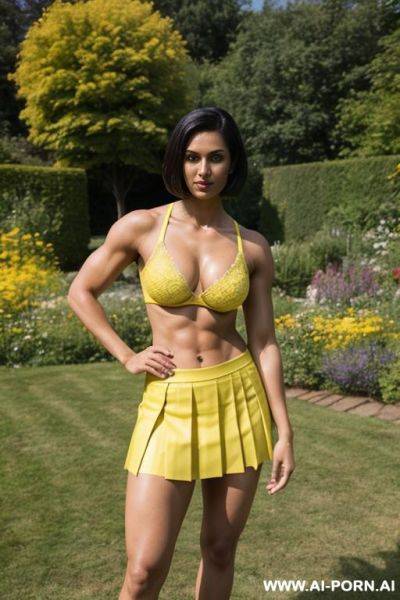 Indian, short hair, fit, abs, muscular arms, big ass, tall, long legs, navel piercing, yellow bra, yellow pleat skirt, looking at camera, full body, stiletto, in garden, playing guitar, sideways - ai-porn.ai - India on pornintellect.com