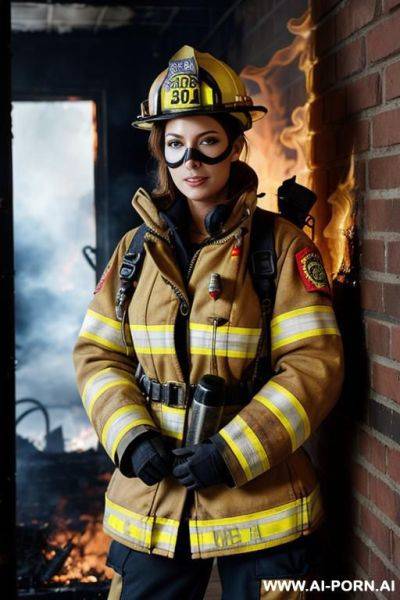 Sexy firefighter female in burning house, firefighter gear, firefighter mask - ai-porn.ai on pornintellect.com
