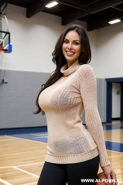 Tall female basketball player standing in the gym - ai-porn.ai on pornintellect.com