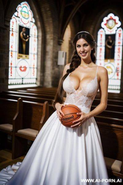 Tall female basketball player (((very long hair))) standing in a chapel wearing a wedding dress - ai-porn.ai on pornintellect.com