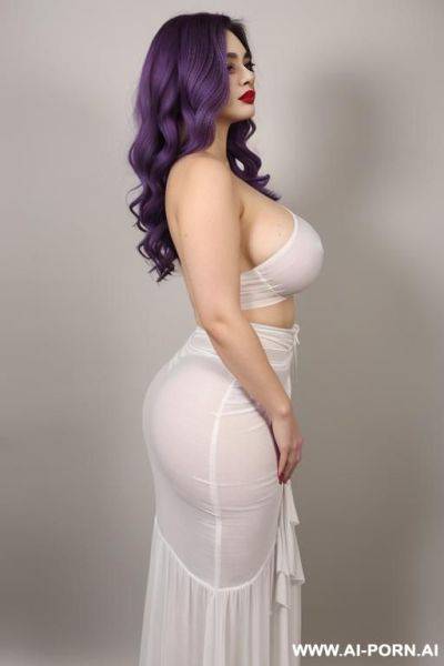 She hide her tits with her hands, very real, white skin , hourglass voluptuous lady, light background, mild lipstick, topless and wrap maxi skirt , she hide her tits with her hands , ghastly skin & pallid , side view camera. - ai-porn.ai on pornintellect.com