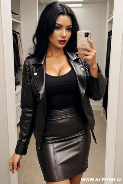 No tattoos. heavy makeup. draw boobs bigger.fased business jacket, huge, colossal cleavage, draw boobs even bigger. dark lipstick. draw boobs bigger so jacket gapes more. no, no bare boobs. keep jacket, draw leather pencil skirt. draw boobs even bigger. - ai-porn.ai on pornintellect.com