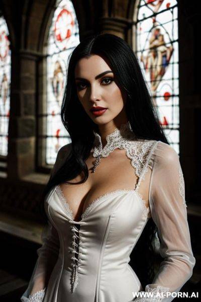 Vampire woman, pretty face, detailed face, lace dress, eye contact - ai-porn.ai on pornintellect.com