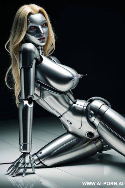 Damaged blonde robot, lying on the floor, masturbating furiously with a glass dildo, naked, (huge fake tits:1.3), fit body, ultra-high stripper platform stilettos, left half face human, right half - ai-porn.ai on pornintellect.com
