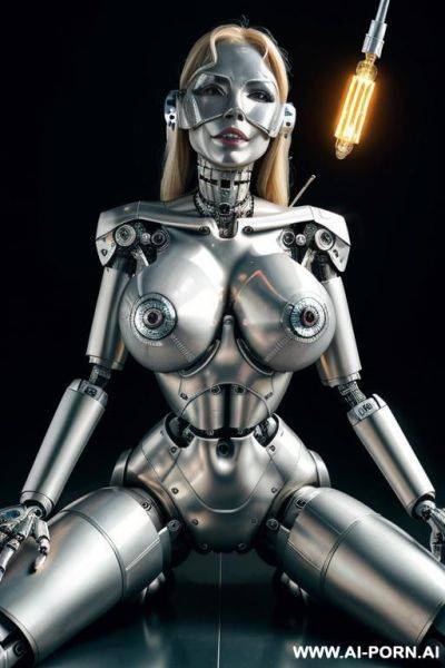 Damaged blonde robot, lying on the floor, masturbating furiously with a glass dildo, naked, (huge fake tits:1.3), fit body, ultra-high stripper platform stilettos, (left half face human, right half - ai-porn.ai on pornintellect.com