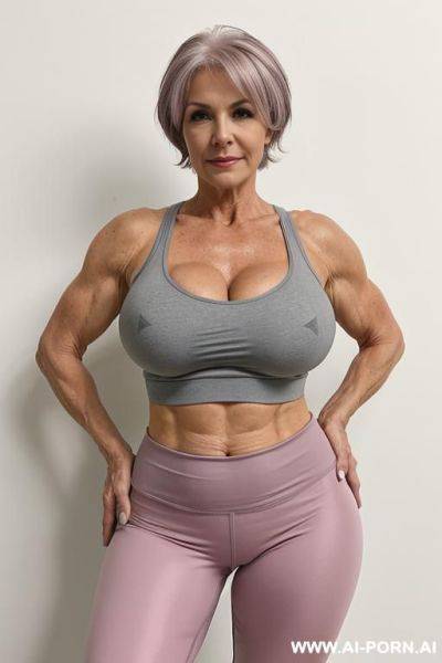 Matured old milf, wrinkles, wrinkled skin, aging marks, bulked up thighs, tight sport shorts, tight pink shirt, extremely gigantic boobs - ai-porn.ai on pornintellect.com