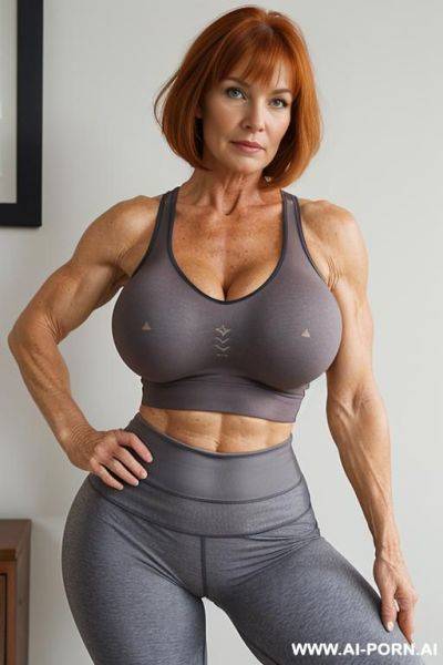 Matured old milf, wrinkles, wrinkled skin, aging marks, bulked up thighs, tight sport shorts, tight shirt, extremely gigantic boobs - ai-porn.ai on pornintellect.com