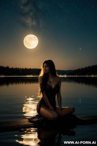 A woman with long flowing hair sits on the shore of a calm lake at night. golden bracelets sparkle on her arms and neck, reflecting the soft moonlight. a huge shining moon rises behind her, and the sky is strewn with stars. - ai-porn.ai on pornintellect.com