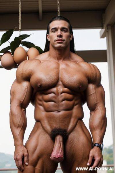 Bodybuilder, man with huge erected penis (horizontal), big hanging eggs (super big eggs) (( mega eggs)) (((monster eggs than ever))) - ai-porn.ai on pornintellect.com
