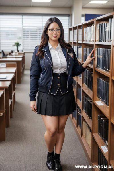 Japanese sailor suit, glasses woman, standing in the library in a sailor suit black skirt and straight socks，short h, short legs - ai-porn.ai - Japan on pornintellect.com