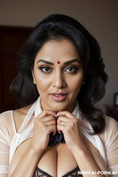 Voluptuous mature indian aunty 5 with dusky skin, chubby, wearing transparent white saree and black blouse, showing her large u cut cleavage, 44 f cup saggy natural breasts without bra. layig on her side on the bed looking expremely sexy and seductive. - ai-porn.ai - India on pornintellect.com