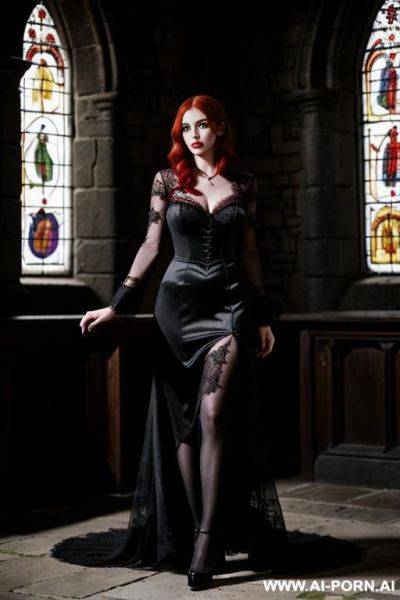 Vampire woman, lace dress, pretty face, eye contact, black lace, - ai-porn.ai on pornintellect.com