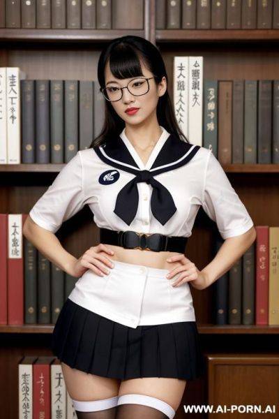 Japanese sailor suit, woman with glasses, standing in the library in sailor suit, black skirt and straight socks.，short h, short legs - ai-porn.ai - Japan on pornintellect.com