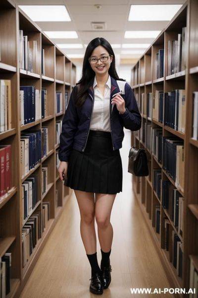 Pure womanh 10 cm，japanese sailor suit, glasses woman, standing in the library in a sailor suit black skirt and straight socks，shorth, short legs， leather shoes - ai-porn.ai - Japan on pornintellect.com