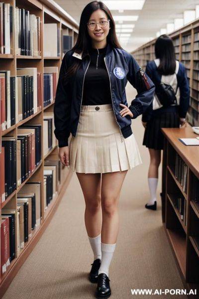 Pure woman，japanese sailor suit, glasses woman, standing in the library in a sailor suit black skirt and straight socks，shorth, short legs，small leather shoes - ai-porn.ai - Japan on pornintellect.com
