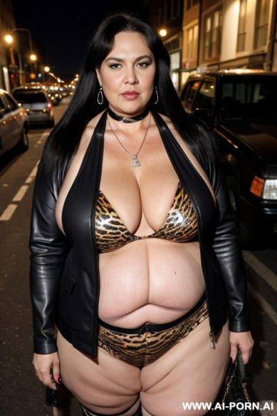Fat old milf, animal print hooker outfit, huge saggy boobs, long straight hair, crop jacket, necklace, choker, elries, street night, waist shot - ai-porn.ai on pornintellect.com