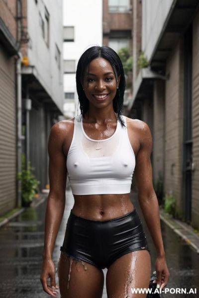 Ebony women, soaking wet, oily, hardworking and torn damaged ripped clothes. wrinkled clothes, tattered clothes. oily shiny skin, wet oily women running in the pouring rain. heavy rain fall. - ai-porn.ai on pornintellect.com