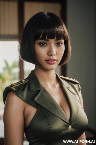Polynesian bimbo, hourglass figure, military uniform, priman scene - ai-porn.ai on pornintellect.com
