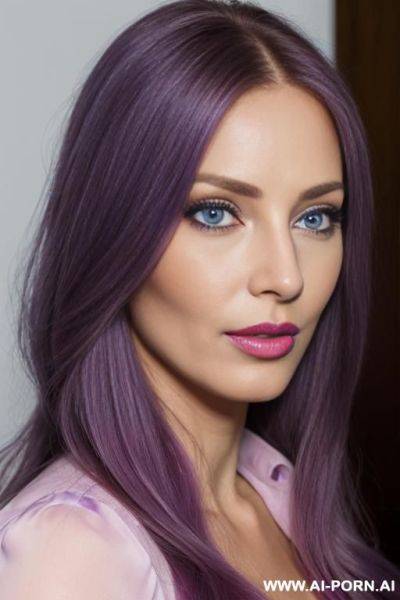 French woman 35 years old, long golden hair, blue eyes, purple eye shw, long eyelashes, face close-up in profile, blue blouse, round face, bright pink lips, mouth slightly open - ai-porn.ai - France on pornintellect.com