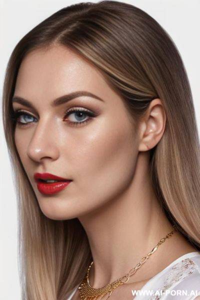 French woman 25 years old, long hair, blonde, blue eyes, purple eyeshw, long eyelashes, close-up face in profile, white top, round face, red lips, mouth slightly open, gold necklace - ai-porn.ai - France on pornintellect.com
