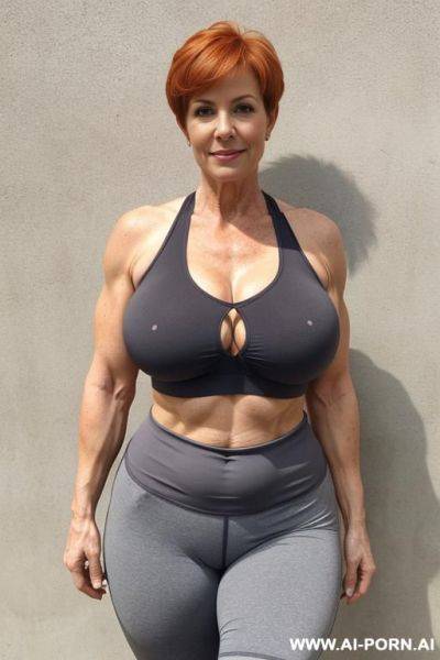 Matured old milf, wrinkles, wrinkled skin, aging marks, bulked up thighs, tight sport shorts, tight shirt, extremely gigantic boobs - ai-porn.ai on pornintellect.com