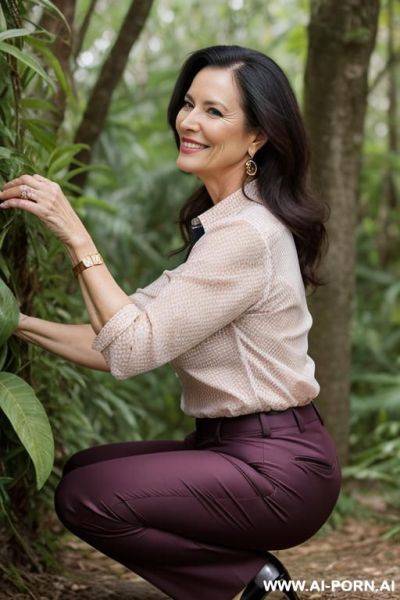 Rich lady mature squatting in underbrush, blouse, pants, side-view, smiling - ai-porn.ai on pornintellect.com