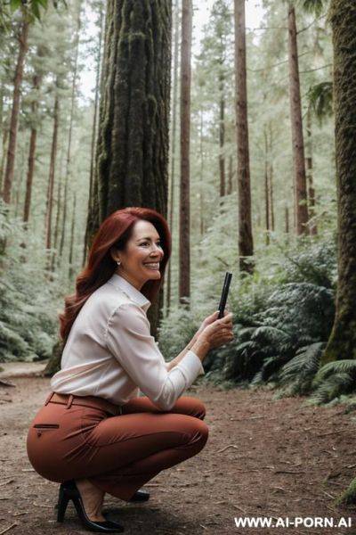 Rich lady mature squatting in forest, blouse, pants, side-view, smiling - ai-porn.ai on pornintellect.com