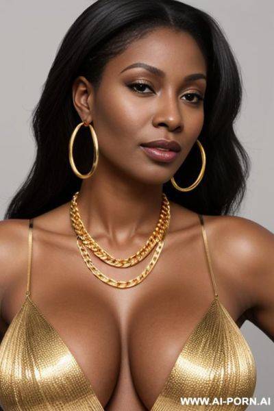 Big tits ebony milf, long straight haïr, golden hoop earrings, big thick gold chain multiple necklaces, completely naked - ai-porn.ai on pornintellect.com