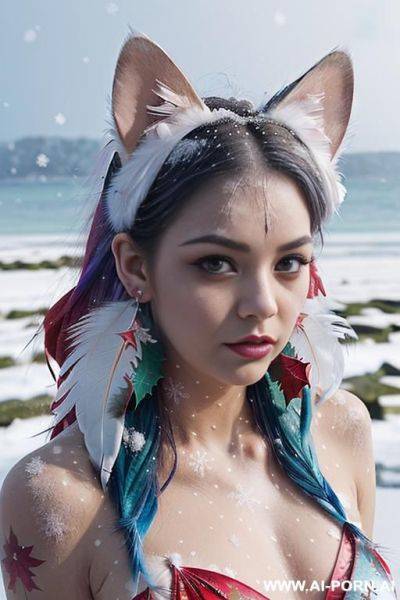 Face, sexy, beautiful, ((face painting)), ((bikini as seashell)), ((tattoo roses)), ((eyes shw)), ((angel wings)), ((rainbow hair)), ((long bu hair)), ((wind)), (( cat face)), (( cat ears)), (((feather - ai-porn.ai on pornintellect.com