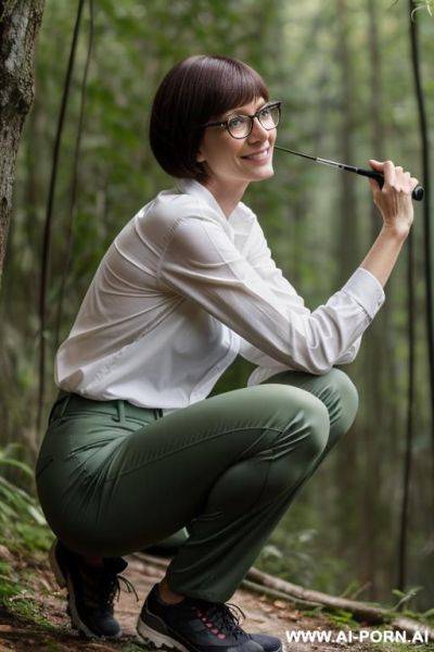 French woman , bobcut, glasses, squatting on underbrush, hiking clothes, pants, side-view - ai-porn.ai - France on pornintellect.com