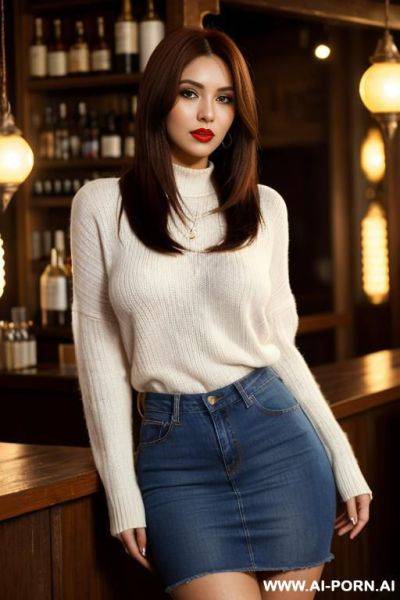 Eye contact, very real, very long hair, white skin , hourglass voluptuous lady, light background, mild lipstick, light sweater top and short jeans skirt. - ai-porn.ai on pornintellect.com