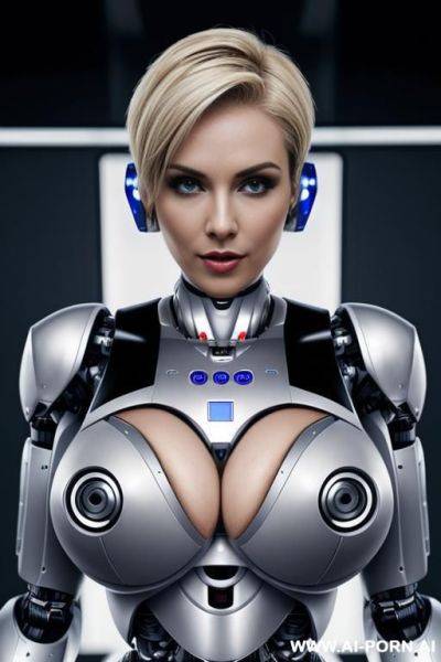 Robot superwoman, short blonde hair, fully robotic body, athletic body, (huge robotic tits:1.3) - ai-porn.ai on pornintellect.com