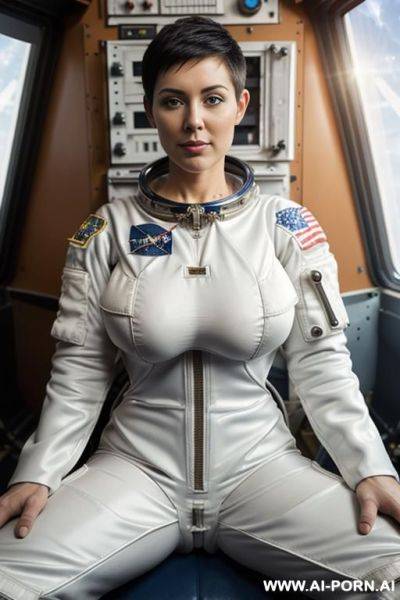 Tall busty , short pixie hair with shaved sides, gorgeous face, thick lips, massive boobs, , seductive, full body picture, standing up, - ai-porn.ai on pornintellect.com