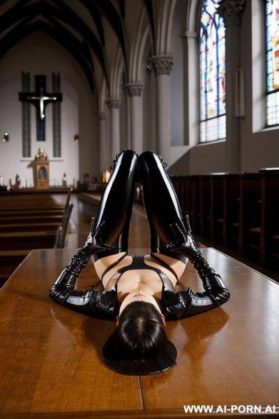 Latex leggings, thigh high boots, stiletto heels, laying back on table, legs up - ai-porn.ai on pornintellect.com