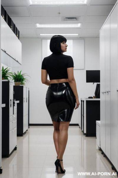 Mexican woman, bangs, big booty, big ass, fat ass, wide hips, sexy heels, sexy office outfit, short pencil skirt, tight, female boss, sexy crop-top, from behind - ai-porn.ai - Mexico on pornintellect.com