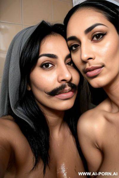 Two lesbian milfs with a mustache wearing only a hijab with hairy pussy and hairy armpits taking a shower together - ai-porn.ai on pornintellect.com