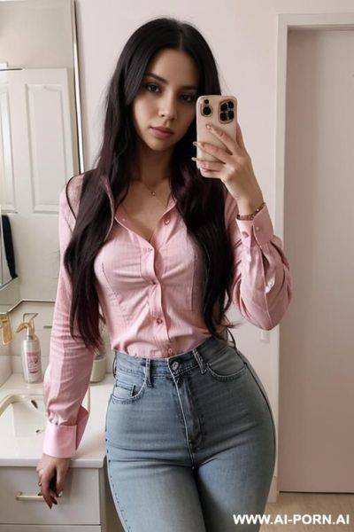 Woman narrow hips long hair pink blouse jeans selfie photo in the mirror - ai-porn.ai on pornintellect.com