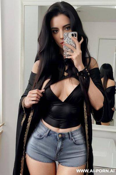Woman narrow hips long hair black blouse jeans selfie photo in the mirror - ai-porn.ai on pornintellect.com