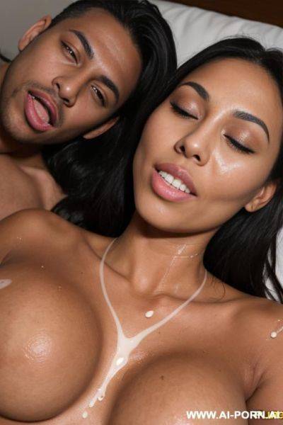 A tanned woman, body covered of sperm, gang-banged.she have cum on mouth, on pussy, on face.she is fucked by 2 men.she is sleeping and smilling. there is a lot of cum on his body. can see all his body on the picture. two men watching. - ai-porn.ai on pornintellect.com