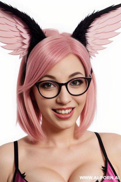 Cartoon character with pink hair, glasses, and animal ears, featuring wings and a playful expression, against a light background. - ai-porn.ai on pornintellect.com