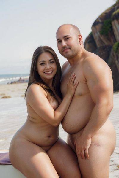 ((bald man)), (((fat face))), (((round cheeks))), (((brown blonde brown hair))), a chubby flabby shorty filipina milf is posing and hugging with a tall handsome fit american man. she has blonde - ai-porn.ai - Usa on pornintellect.com
