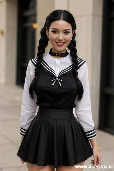 (black sailor collar, black skirt: 1.2), black hair, double braids, ((masterpiece, best quality, ultra-detailed, k)), a woman, solo, , standing, full body, smile, looking at viewer, - ai-porn.ai on pornintellect.com