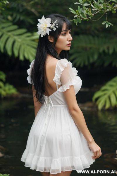 ((masterpiece, best quality, ultra-detailed, k)), a woman, flower, dress, solo, lying, rain, butterfly, bug, water, bangs, frills, breasts, long hair, white dress, short sleeves, hair ornament, on - ai-porn.ai on pornintellect.com