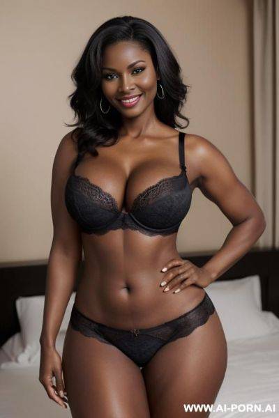(ebony milf) (milf) (tight black bra) (big natural tits) (perky tits) (busty tits) (curvy) (seductive smile) (natural full lips) (hands on hips) (lustful) (realistic) - ai-porn.ai on pornintellect.com