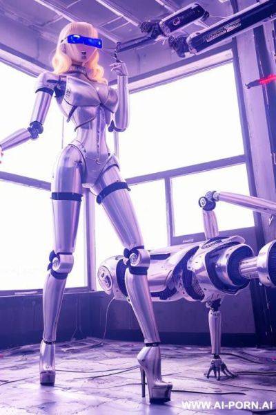 Damaged robot spy, lying on the floor, curly blonde hair, (huge fake tits:1.3), fit body, naked, choker, ultra-high stripper platform stilettos, (burnt skin in chest exposing silver robotic parts and blinking diodes:1.3) - ai-porn.ai on pornintellect.com